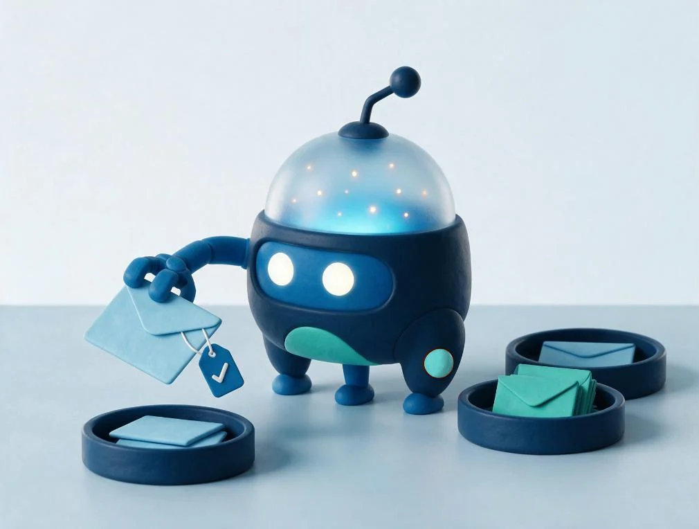 Illustration : un petit robot qui trie des enveloppes dans des bacs