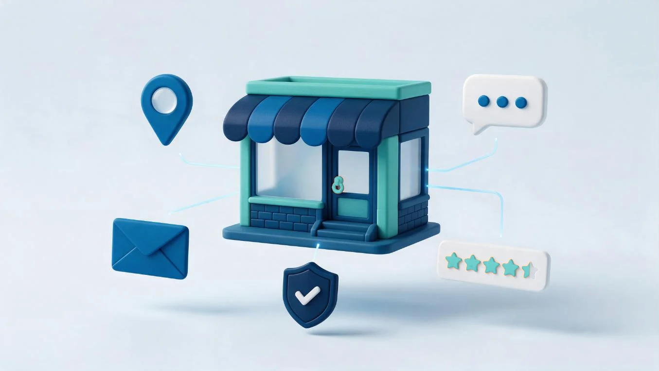 Illustration : un commerce de quartier relié à sa fiche sur les cartes, à ses courriels, à ses avis et à sa conformité