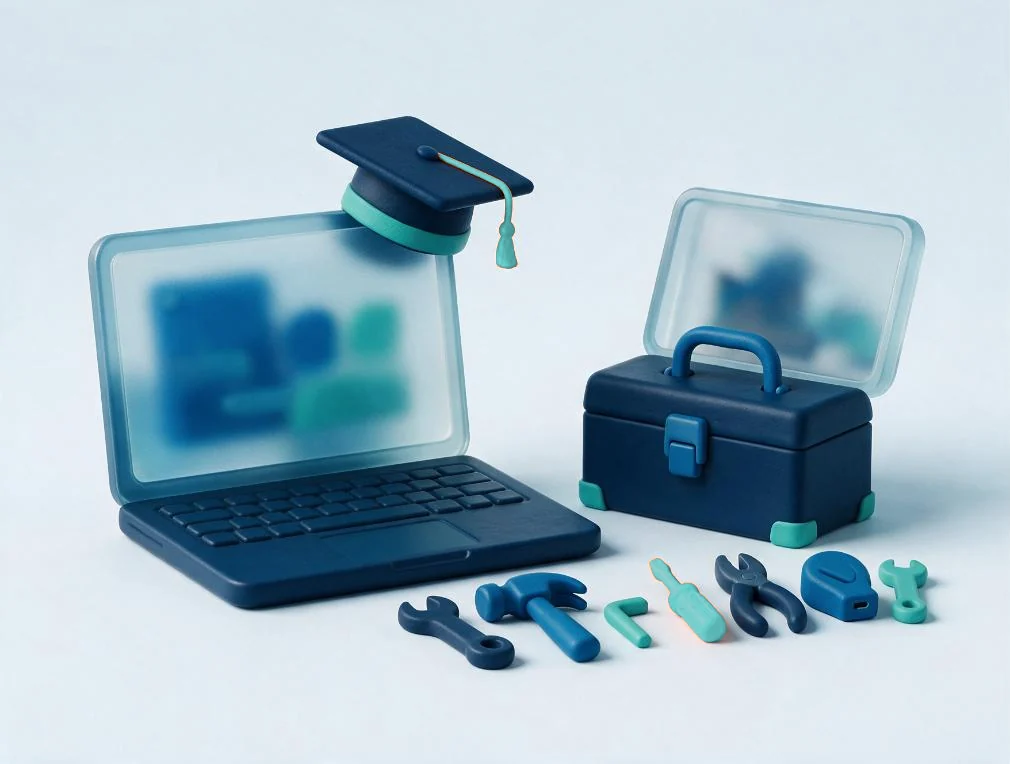 Illustration : un portable, un coffre à outils et sept outils alignés